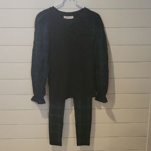 LOFT BLACK/PLAID LONG SLEEVED TOP/PLAID LEGGINGS SET (2 PIECE)  XS  BLUE/GREEN